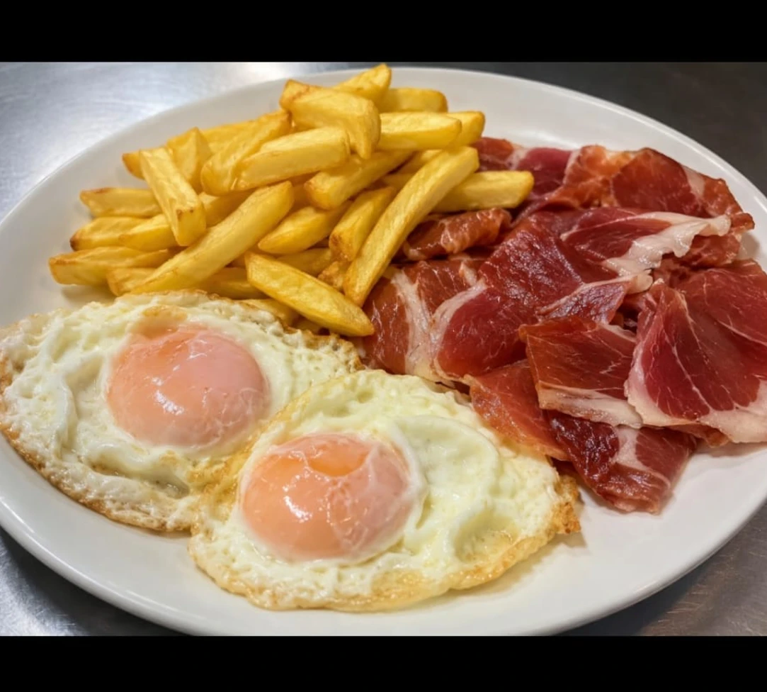 Huevos fritos, patatas y jamón